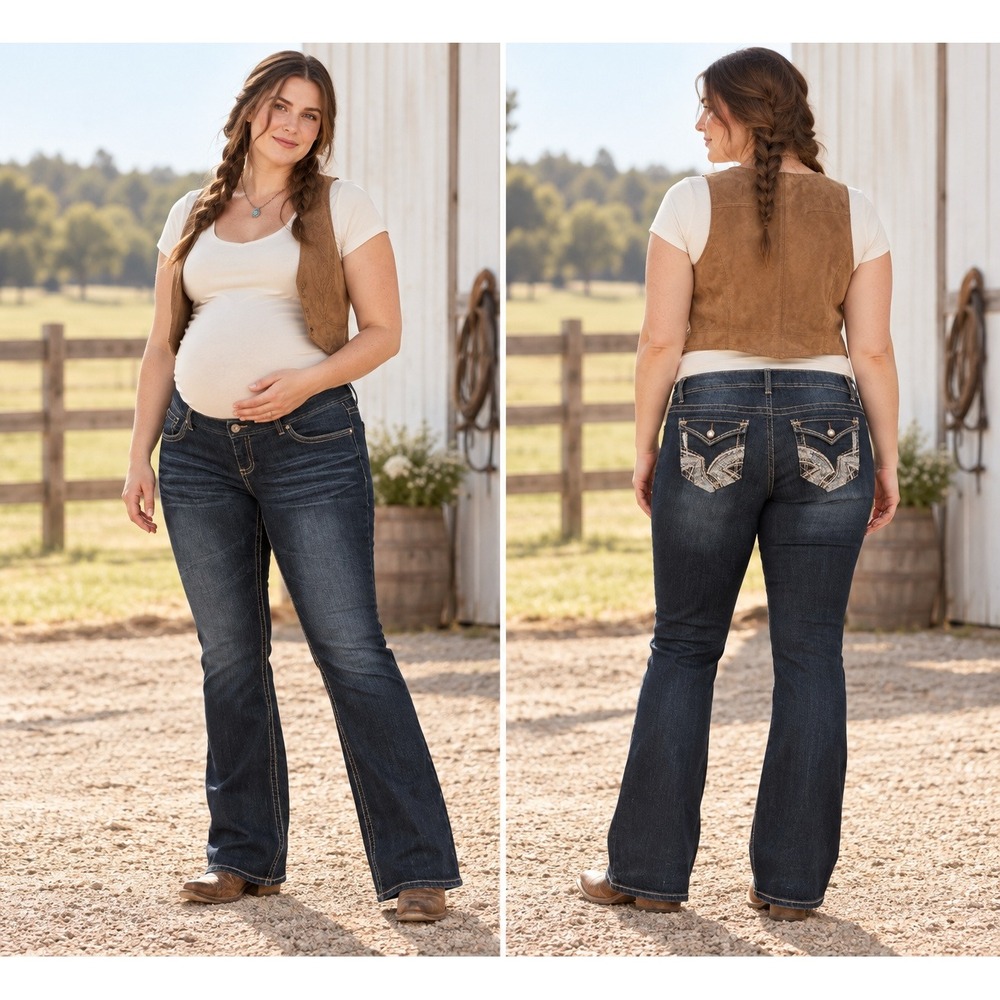Boho Western Tala Maternity Dark Wash Bootcut 1X Embellished Pockets Jeans